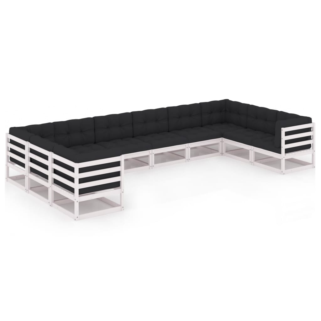 10-tlg. Garten-Lounge-Set mit Kissen Weiss Kiefer Massivholz